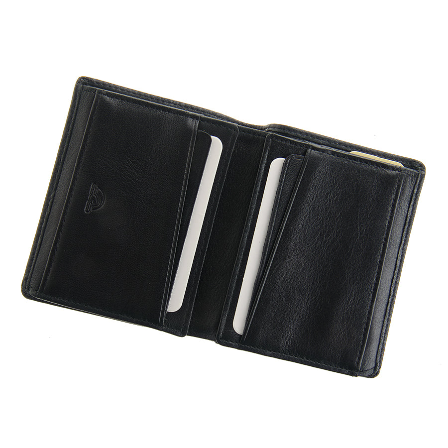 Tony Perotti black leather wallet with card slots on a white background