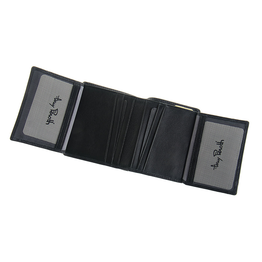 Tony Perotti black leather wallet with card slots on a white background