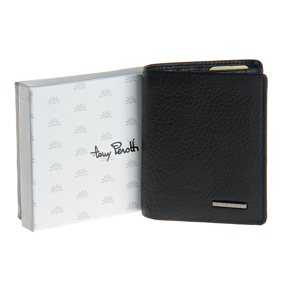 Tony Perotti black leather wallet with box on a white background