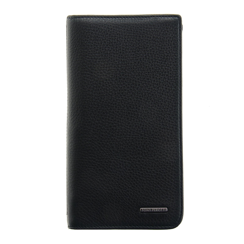 Black leather zip wallet with 'TONY PEROTTI' branding on a white background
