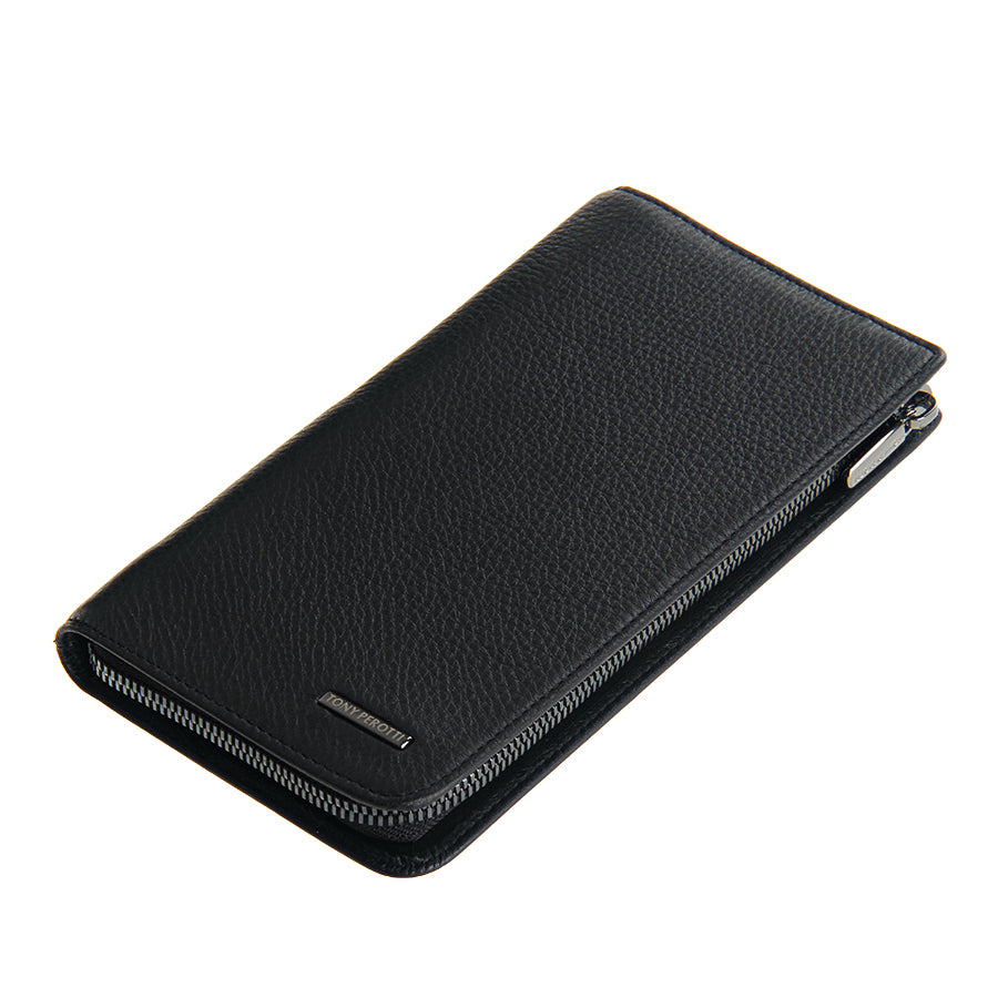Tony Perotti black leather wallet with zipper on a white background