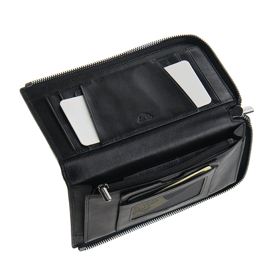 Tony Perotti black leather zip wallet with card slots on a white background