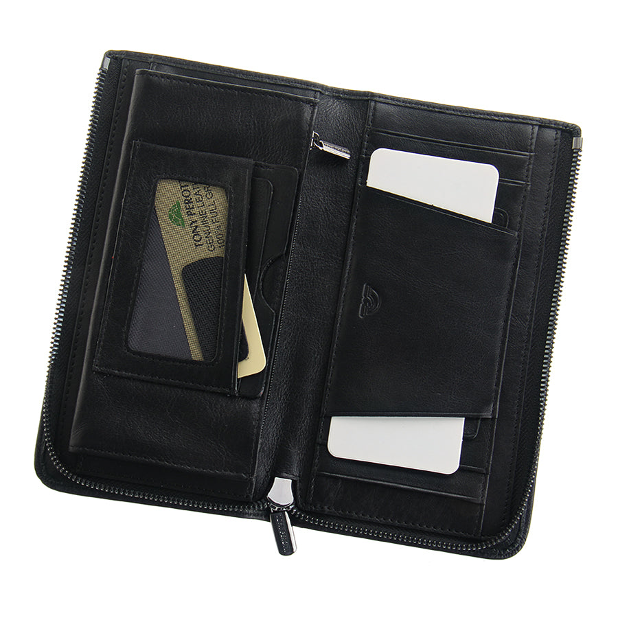 Tony Perotti black leather zip wallet  with card slots on a white background