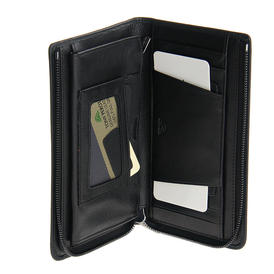 Tony Perotti black leather zip wallet with card slots on a white background