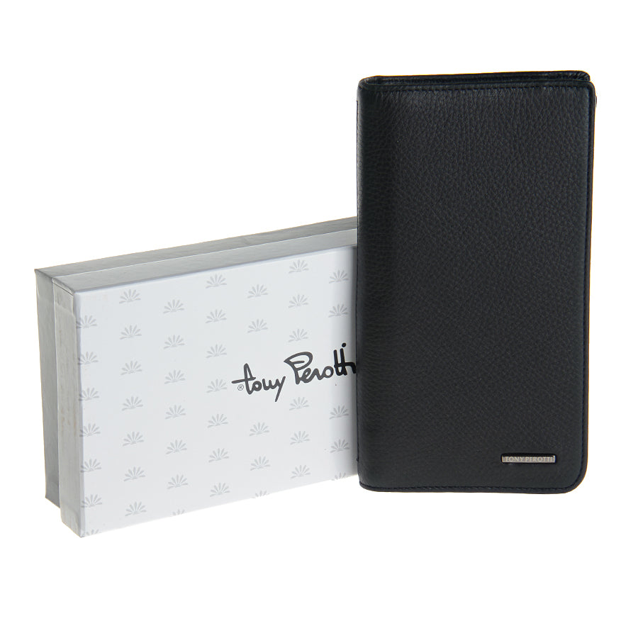 Black leather wallet with Tony Perotti branding box on a white background