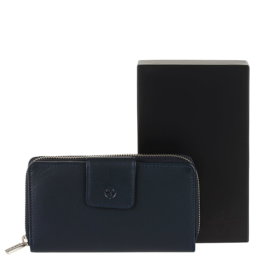 Tony Perotti ダークブルー レザー オーガナイザーウォレット ジッパー開閉 — Cortina 5084 ネイビー