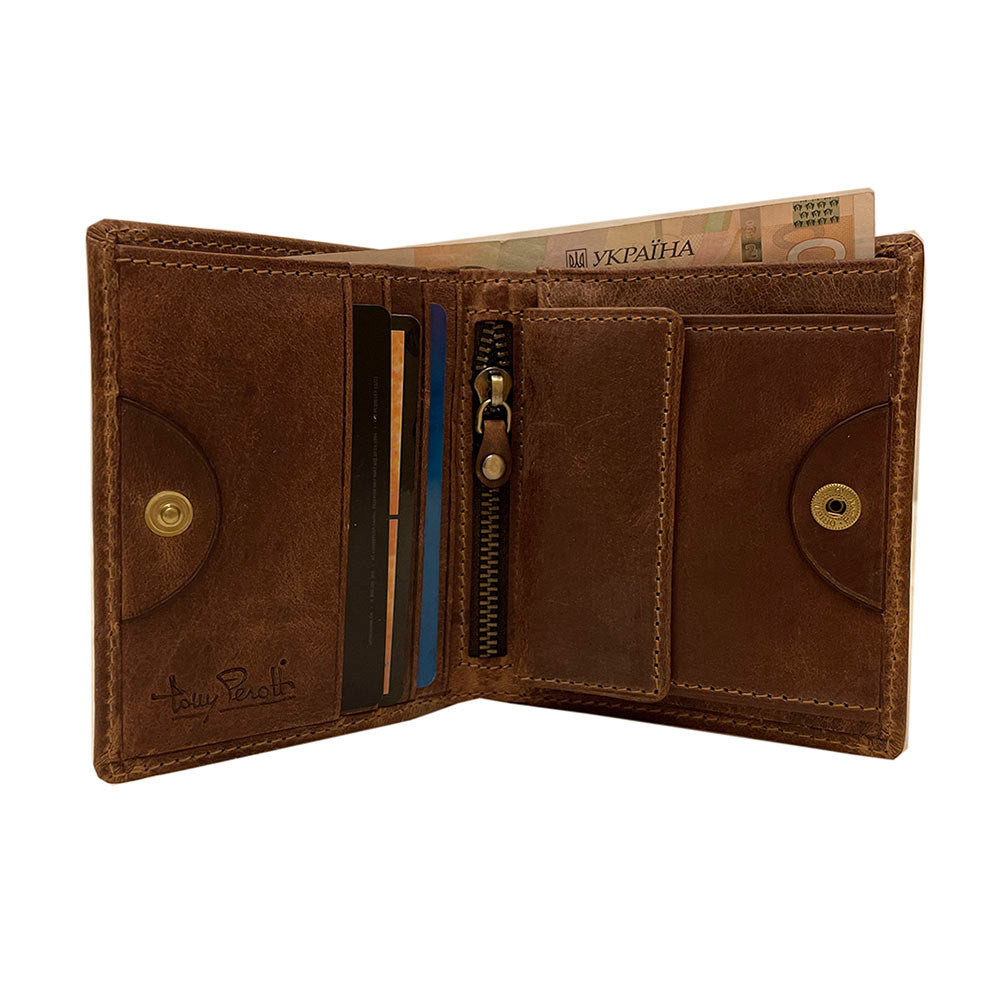 Tony Perotti Men’s Brown Vintage-Look Leather Bifold Wallet — Arno 1165 whisky
