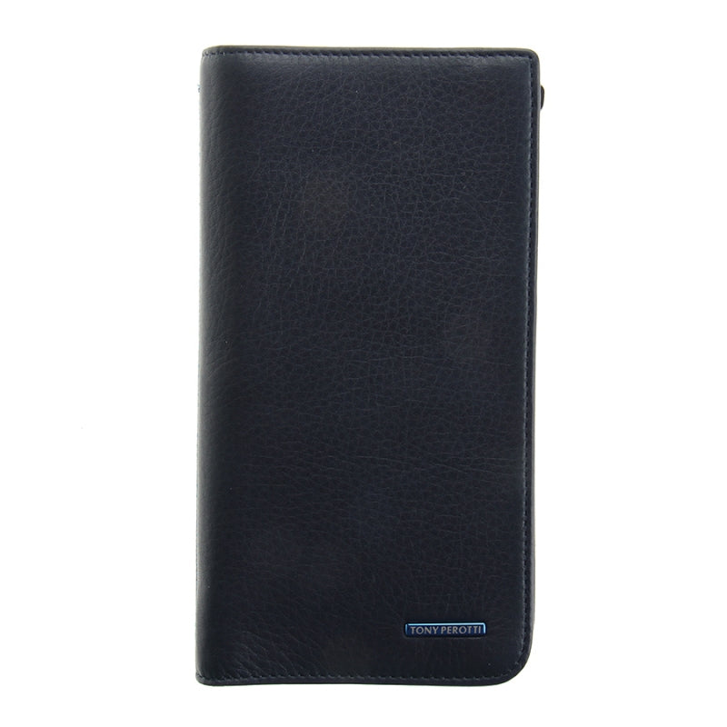 Dark blue leather zip wallet with 'TONY PEROTTI' branding on a white background