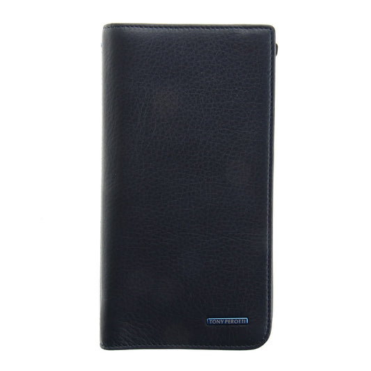 Dark blue leather zip wallet with 'TONY PEROTTI' branding on a white background