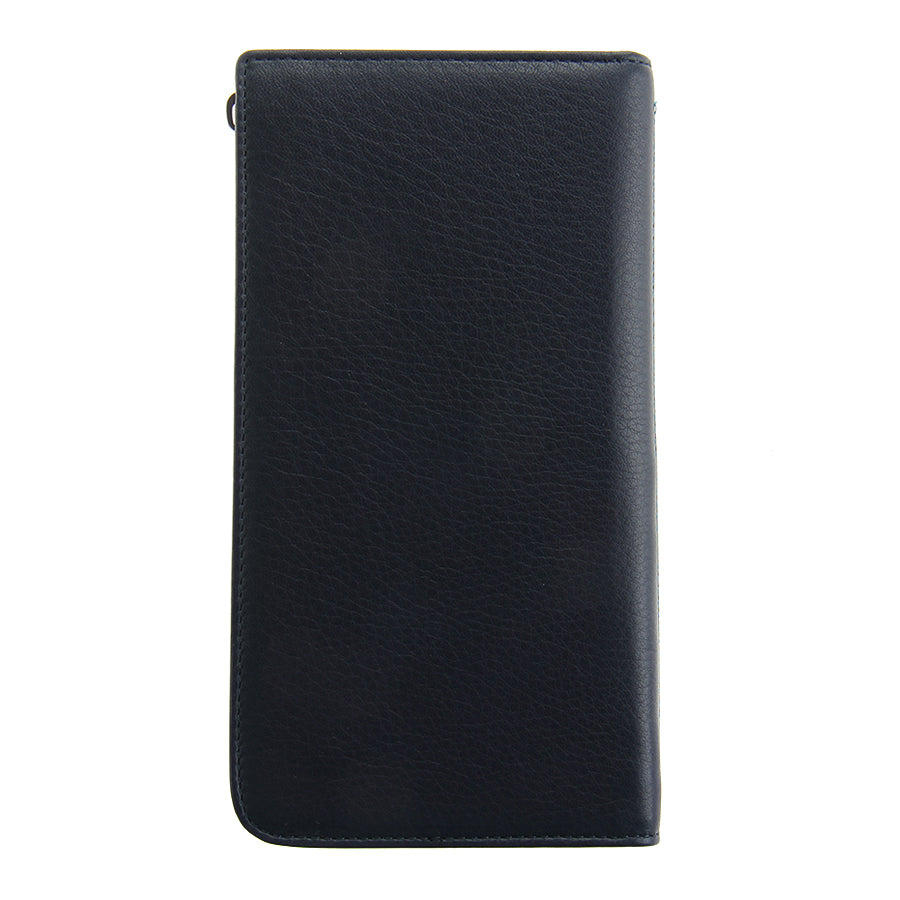 Tony Perotti dark blue leather zip wallet on a white background