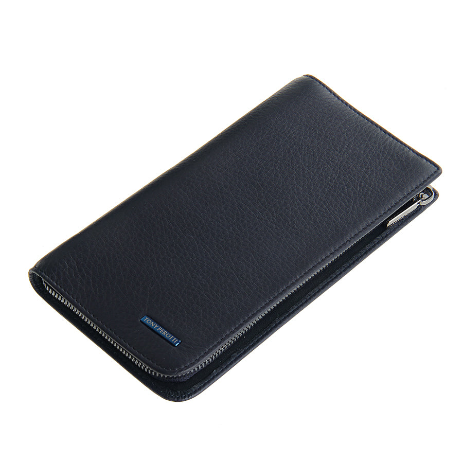Tony Perotti dark blue leather zip wallet with a brand logo on a white background