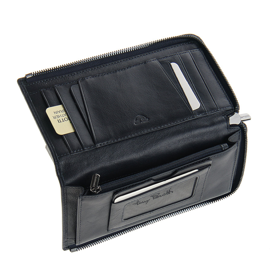 Tony Perotti dark blue leather zip wallet with multiple compartments on a white background