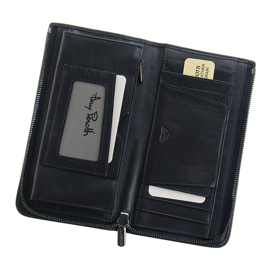 Tony Perotti dark blue leather zip wallet with card slots and a name card holder on a white background