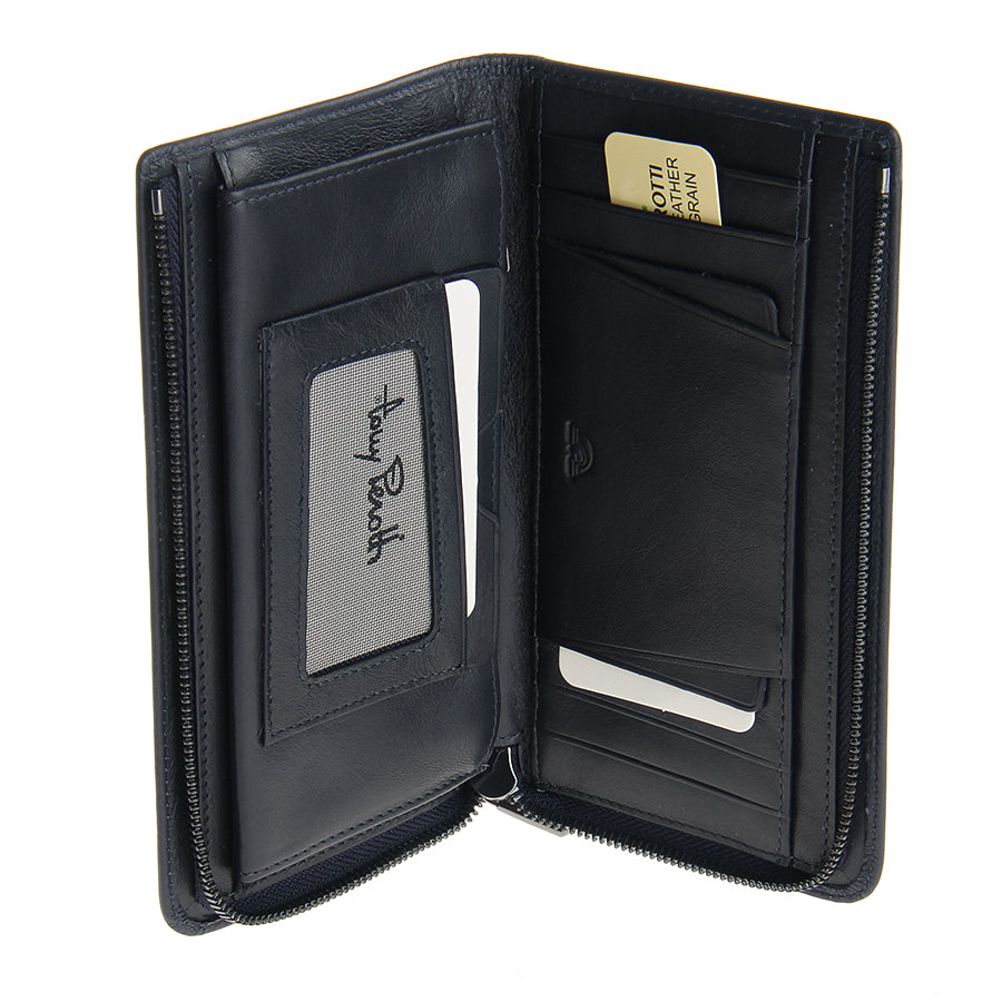 Tony Perotti dark blue leather zip wallet with card slots and brand name on a white background