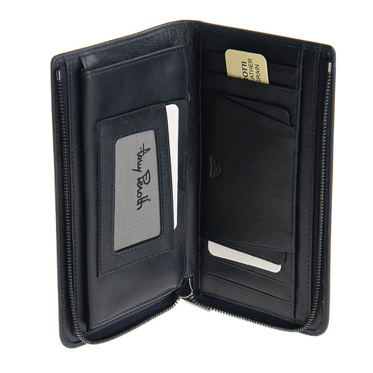 Tony Perotti dark blue leather zip wallet with card slots and brand name on a white background
