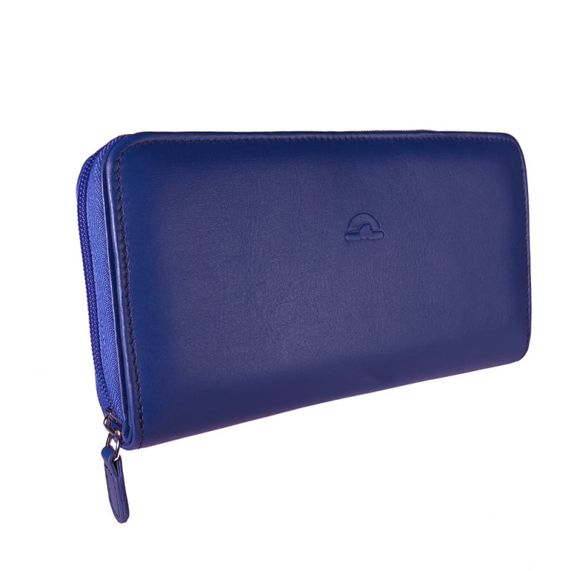 Tony Perotti women’s blue leather zip-around wallet with a brand logo on a white background