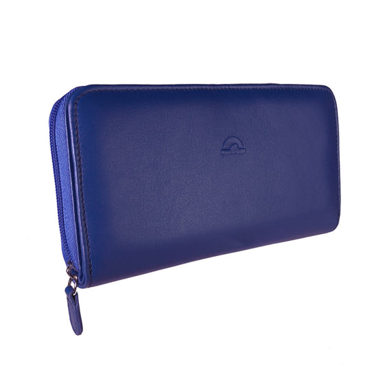 Tony Perotti women’s blue leather zip-around wallet with a brand logo on a white background