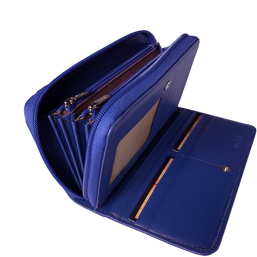 Tony Perotti women’s blue leather zip-around wallet with multiple compartments on a white background