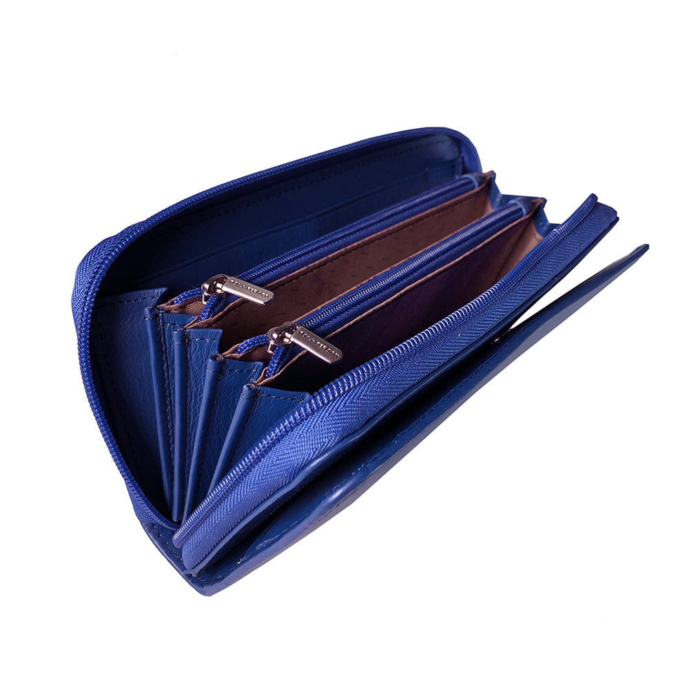 Tony Perotti women’s blue leather zip-around wallet with multiple compartments on a white background