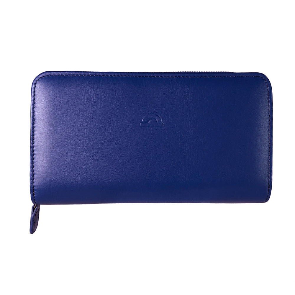 Tony Perotti women’s blue leather zip-around wallet on a white background