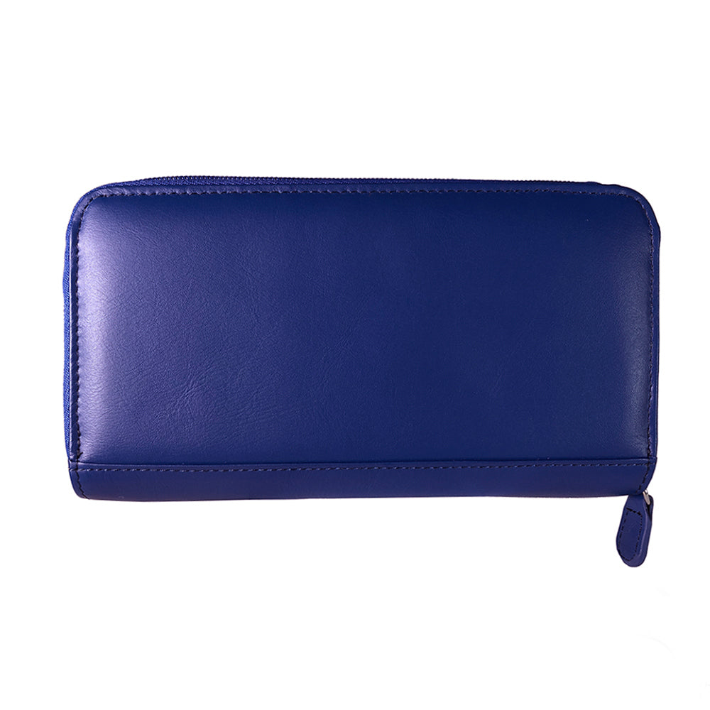 Tony Perotti women’s blue leather zip-around wallet on a white background