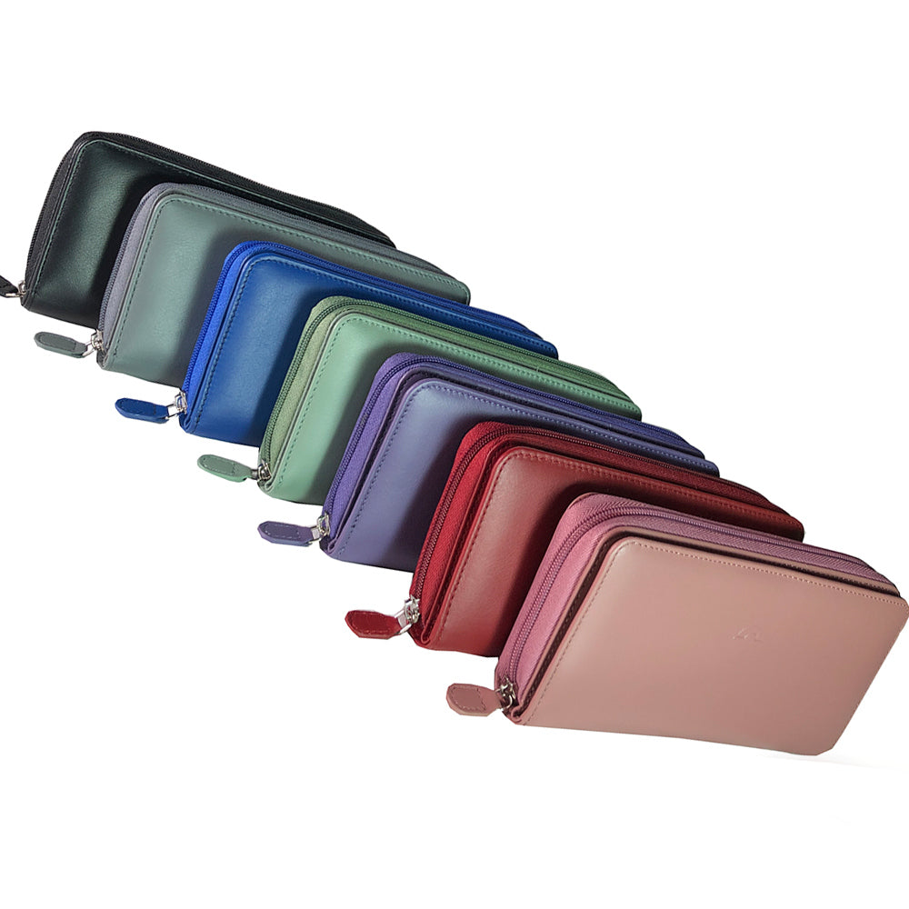Row of colorful wallets in various shades on a white background