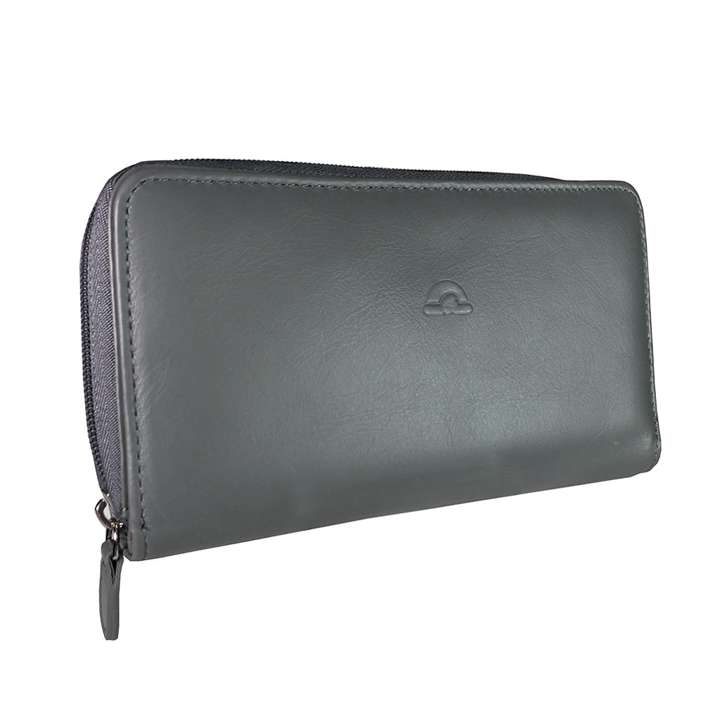 Tony Perotti women's grey leather zip-around wallet with a brand logo on a white background