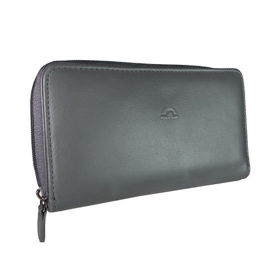 Tony Perotti women's grey leather zip-around wallet with a brand logo on a white background