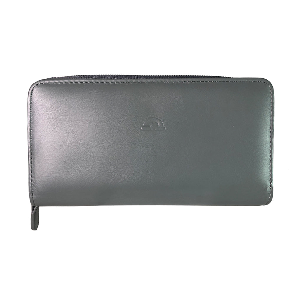 Tony Perotti women's grey leather zip-around wallet on a white background