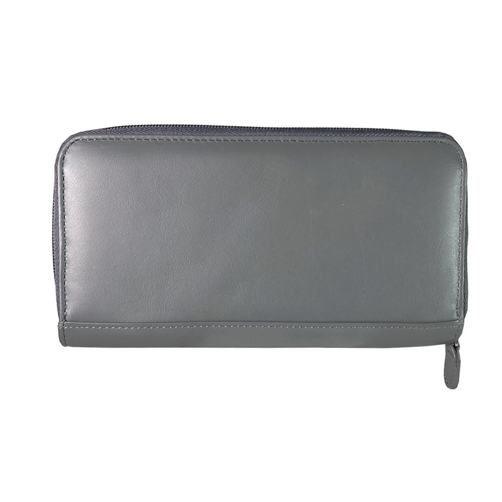 Tony Perotti women's grey leather zip-around wallet on a white background