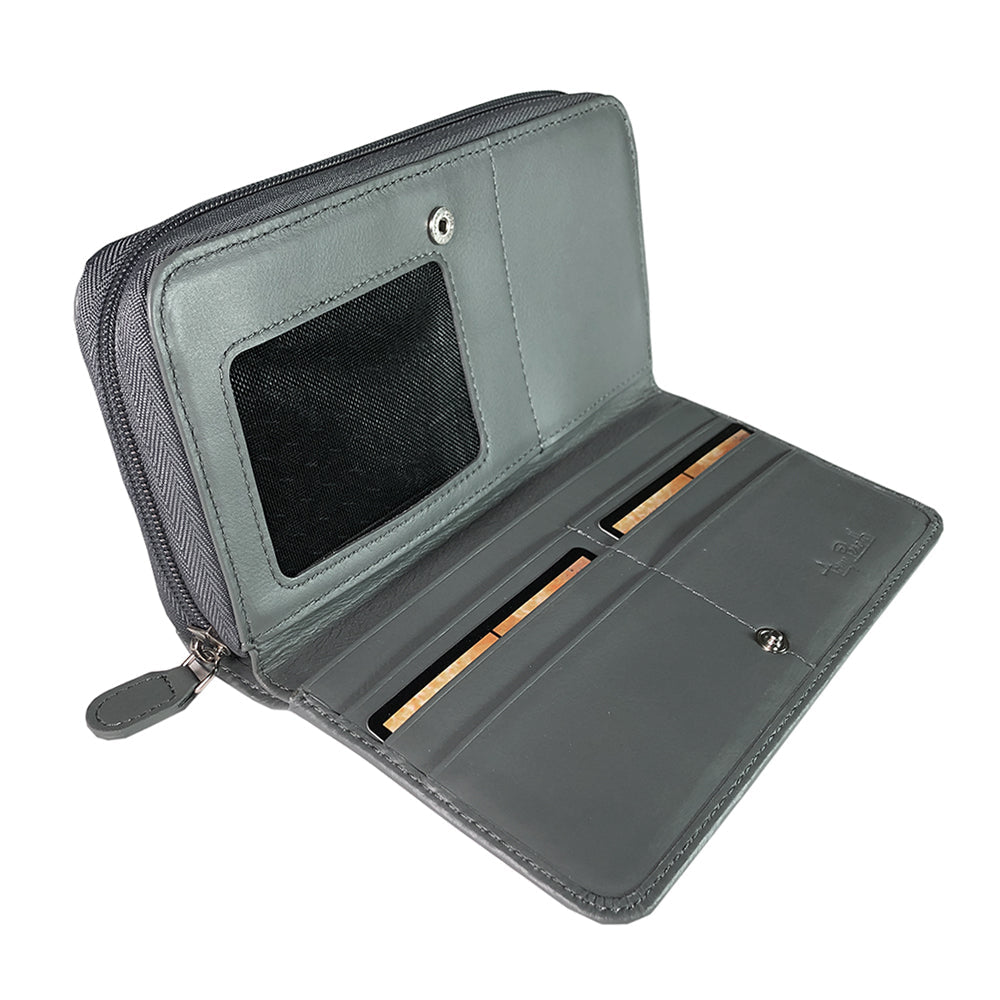 Tony Perotti women's grey leather zip-around wallet with a card holder on a white background