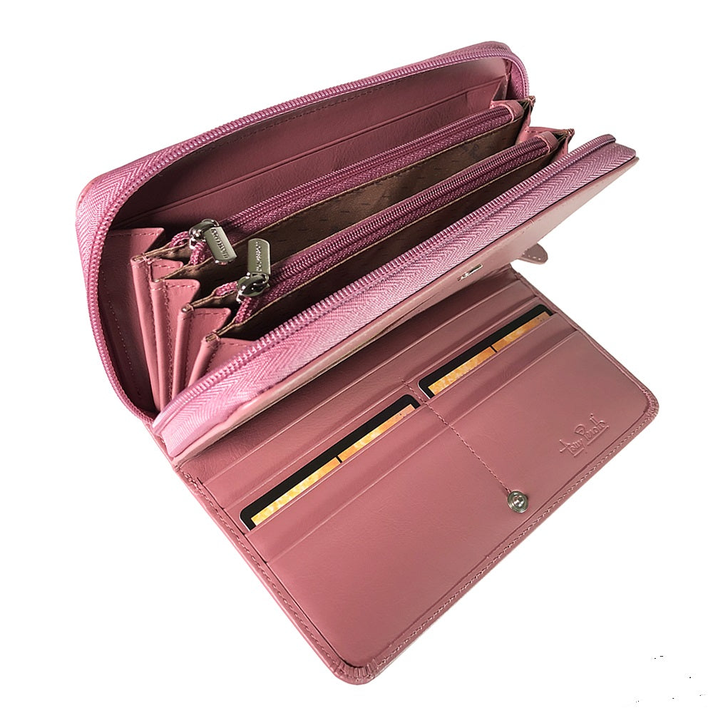 Tony Perotti New Rainbow 1192 rosa antico dusty pink leather wallet open — internal zip pockets, card slots with a card and the embossed emblem