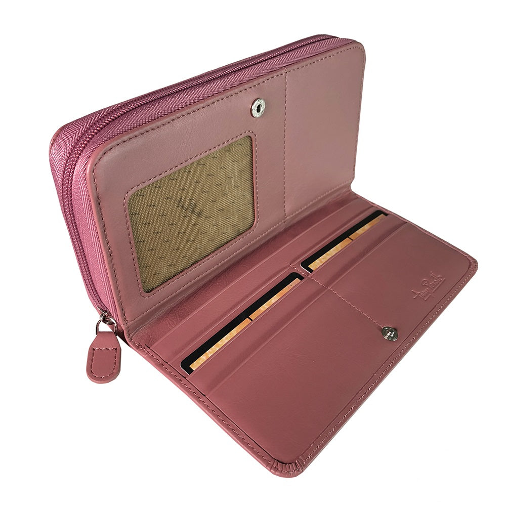 Tony Perotti New Rainbow 1192 rosa antico dusty pink leather wallet open and empty — mesh ID window and card slots