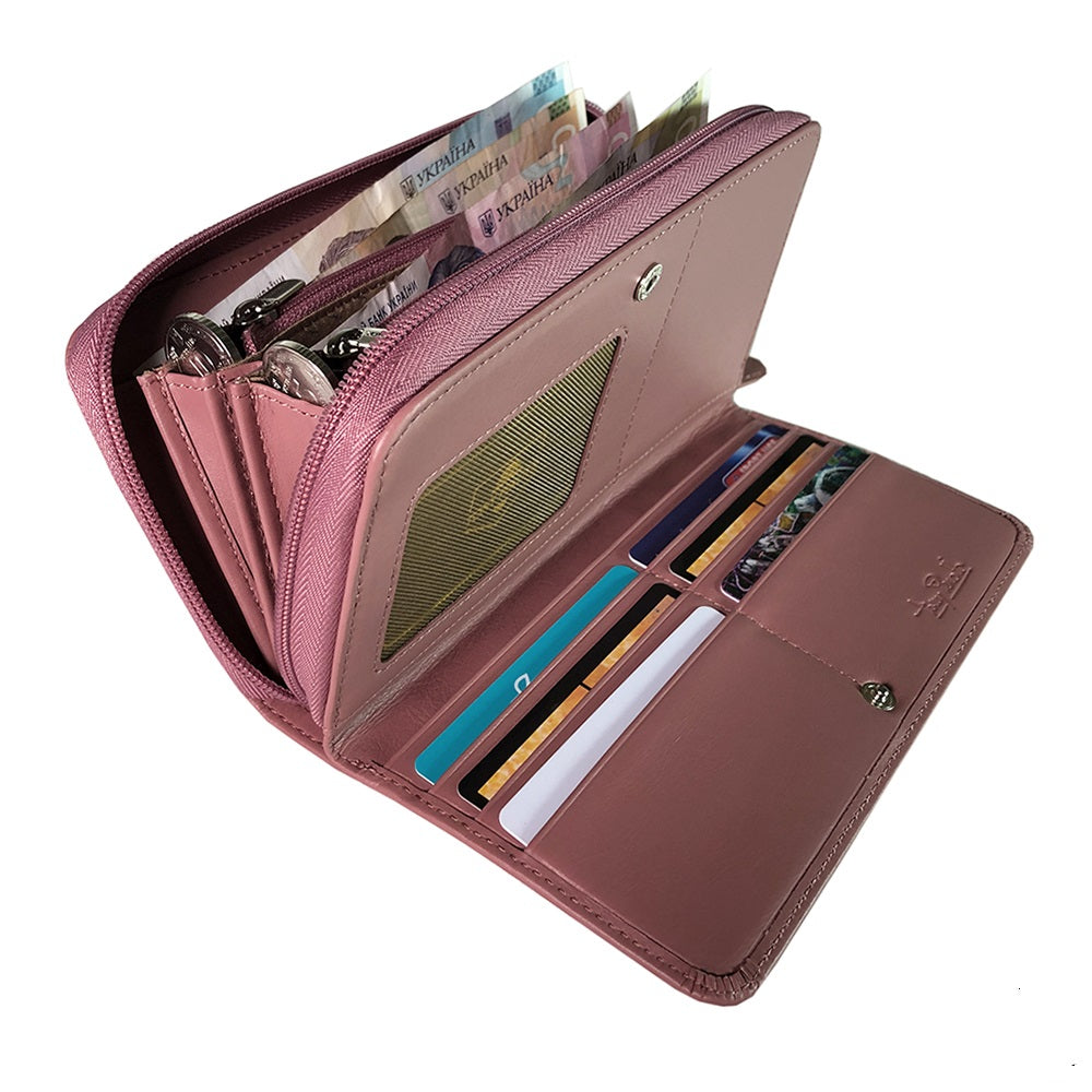 Tony Perotti New Rainbow 1192 rosa antico dusty pink leather wallet open and filled — banknotes and coins in the zipped pockets, cards in the slots, mesh ID window