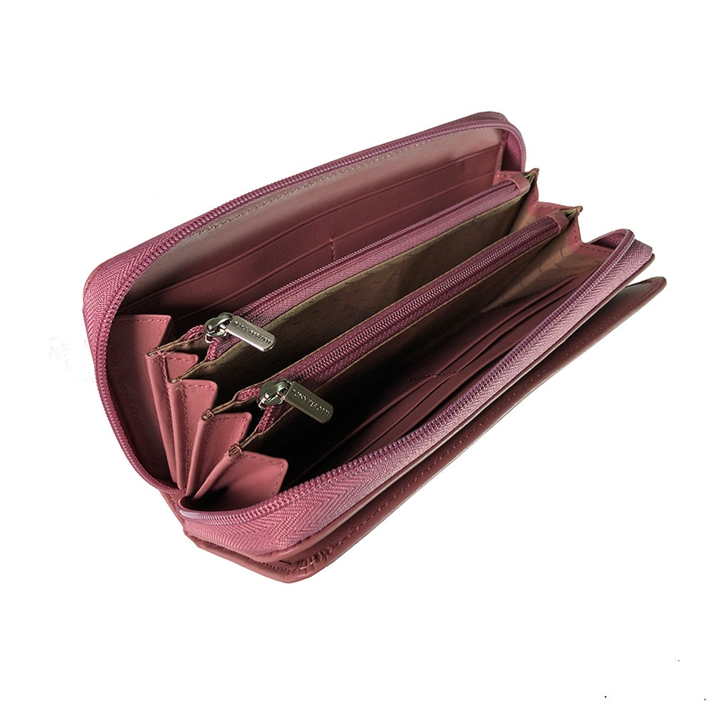 Tony Perotti New Rainbow 1192 rosa antico dusty pink leather wallet open and empty, another angle showing the zipped pockets
