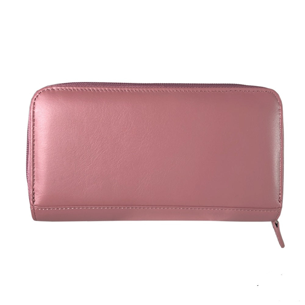 Tony Perotti New Rainbow 1192 rosa antico dusty pink leather wallet — closed back view, plain leather
