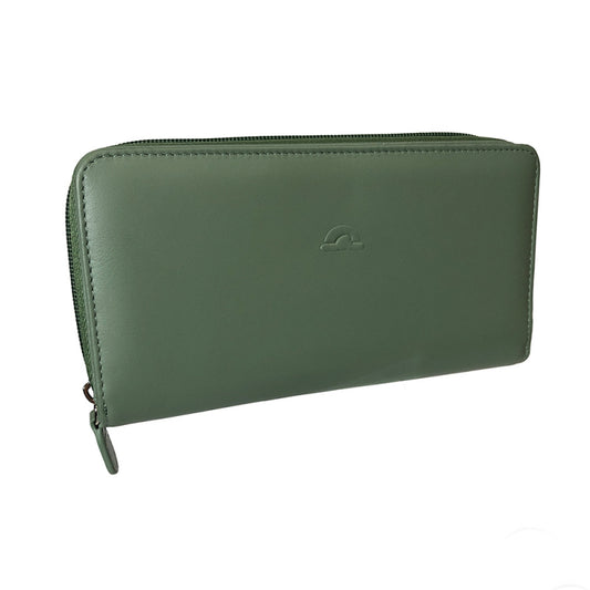 Tony Perotti women’s sage green leather zip-around wallet with a brand logo on a white background