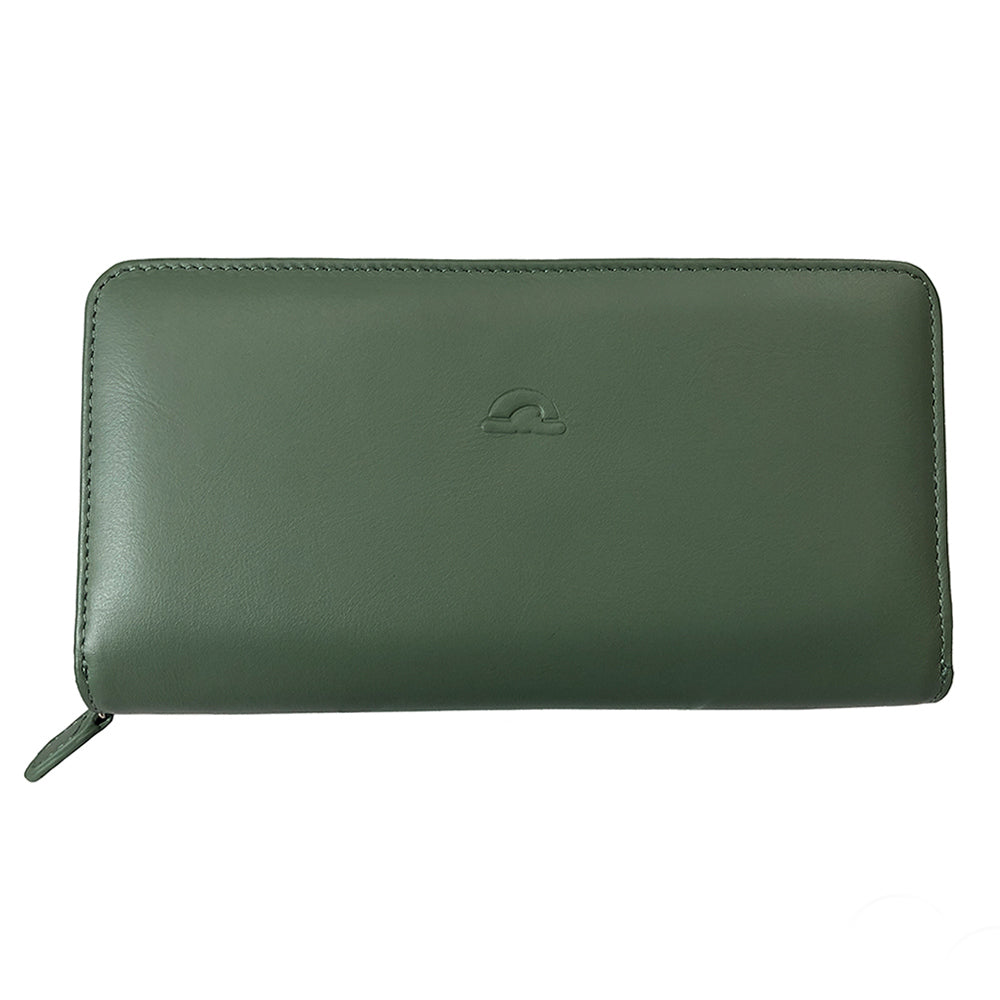 Tony Perotti women’s sage green leather zip-around wallet with a brand logo on a white background