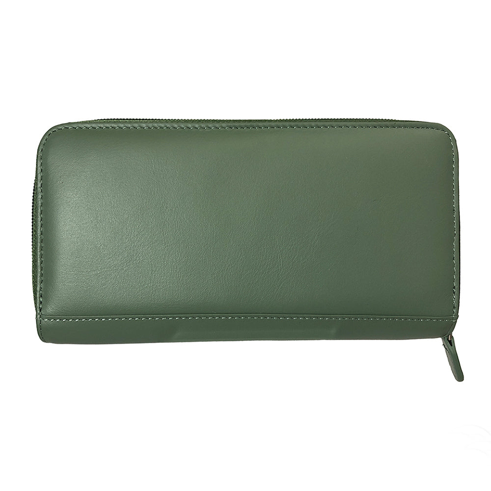 Tony Perotti women’s sage green leather zip-around wallet on a white background