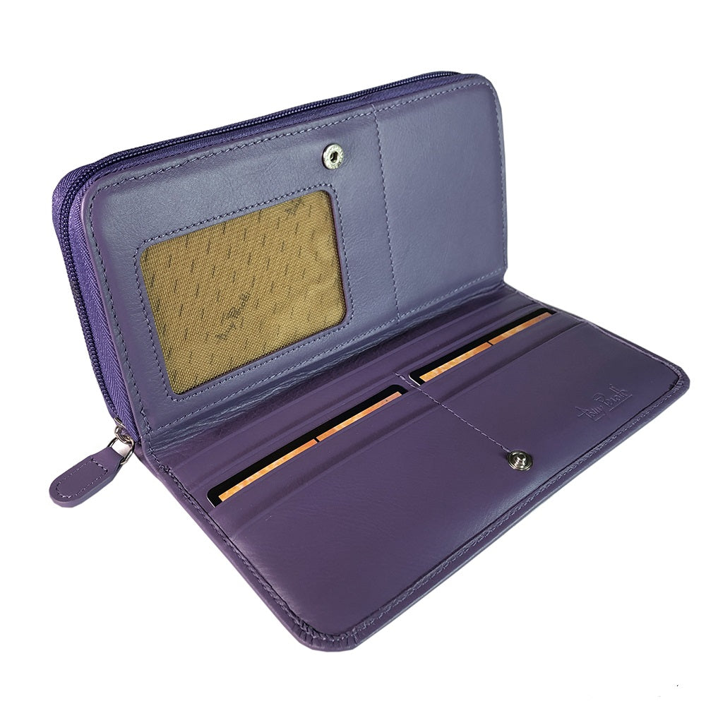 Tony Perotti women's purple leather zip-around wallet with open design on a white background