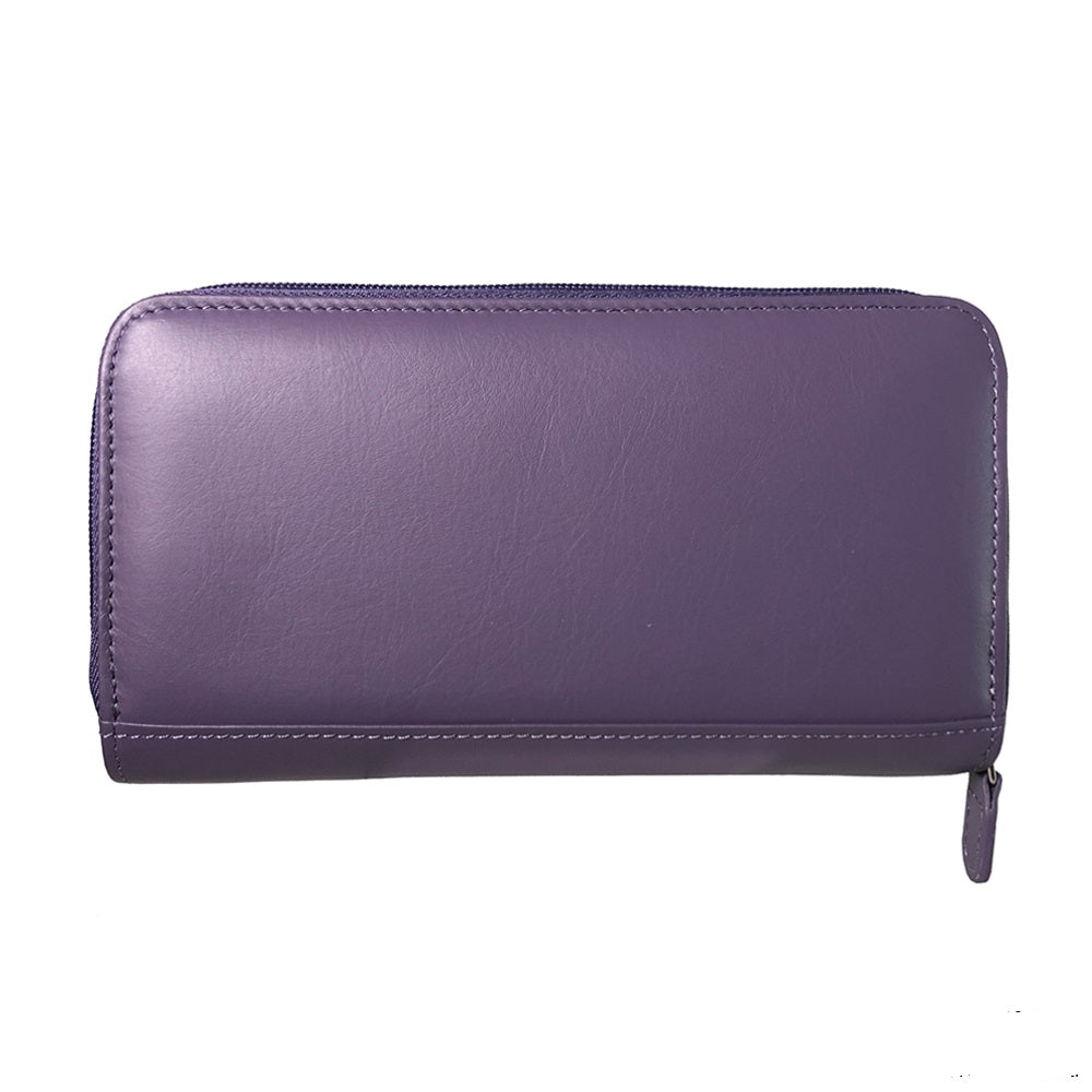 Tony Perotti women's purple leather zip-around wallet on a white background