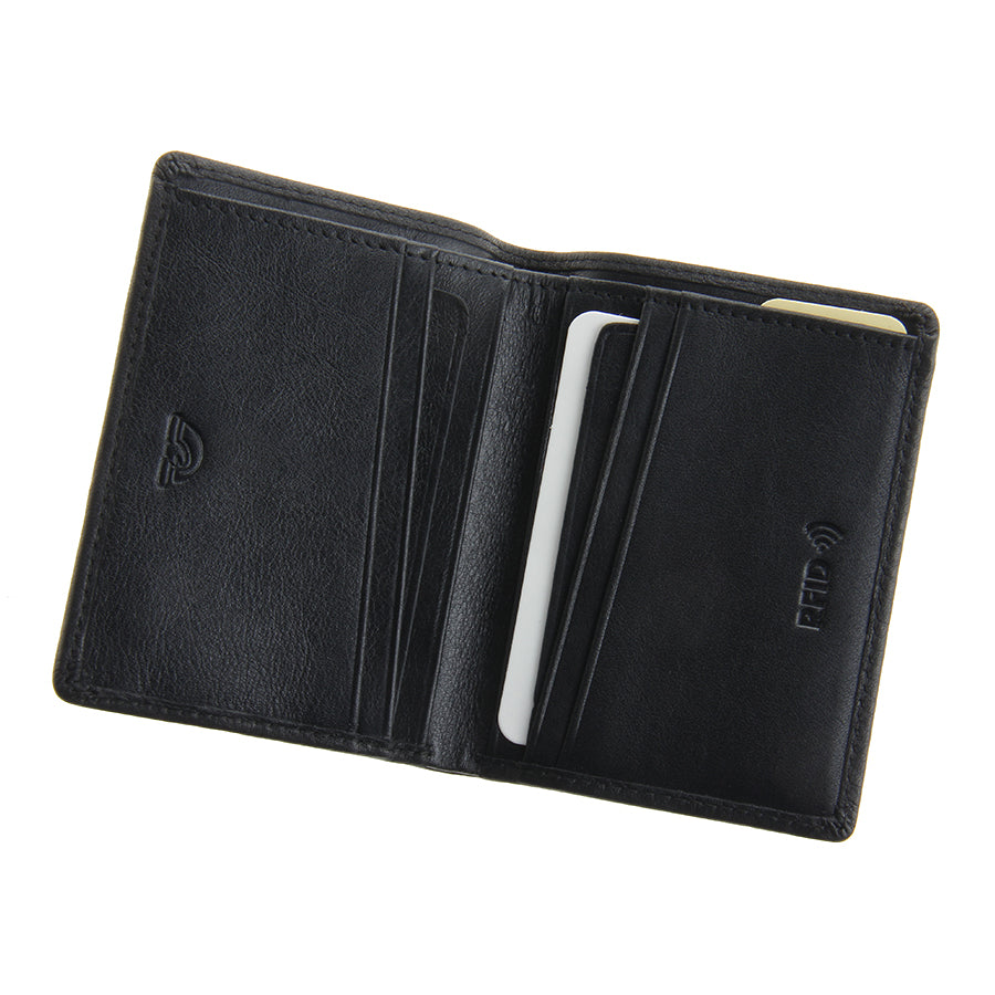 Black leather wallet with card slots on a white background