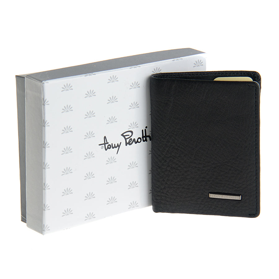Tony Perotti black leather wallet with a branded box on a white background