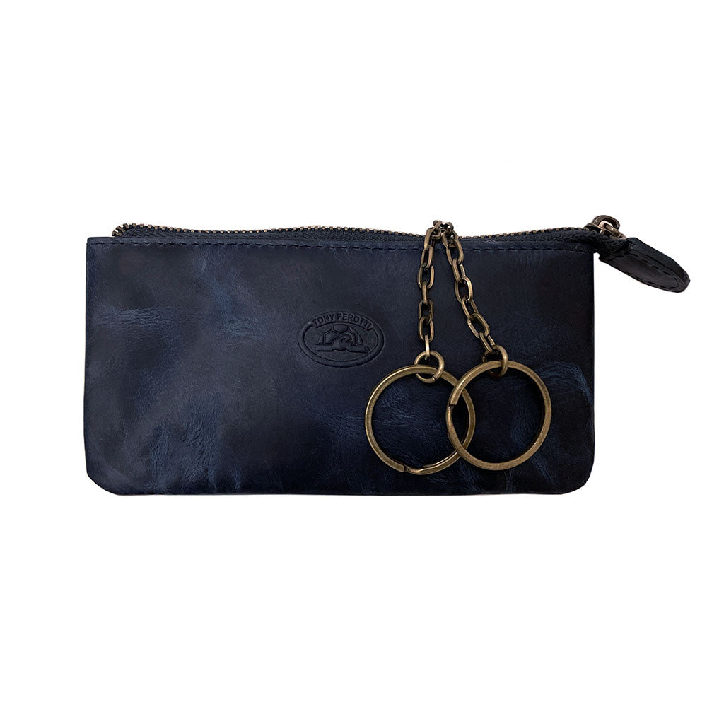 Tony Perotti Arno 3350 blue leather key case — front with the embossed turtle emblem and two antique brass key rings on chains