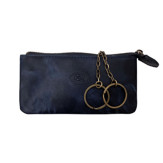 Tony Perotti Arno 3350 blue leather key case — front with the embossed turtle emblem and two antique brass key rings on chains