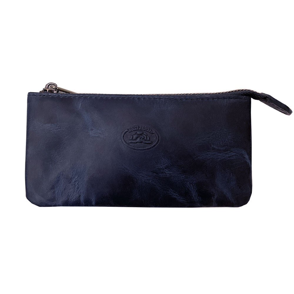 Blue Tony Perotti key case handcrafted in Italy — front view with the rings tucked inside and a leather zip pull