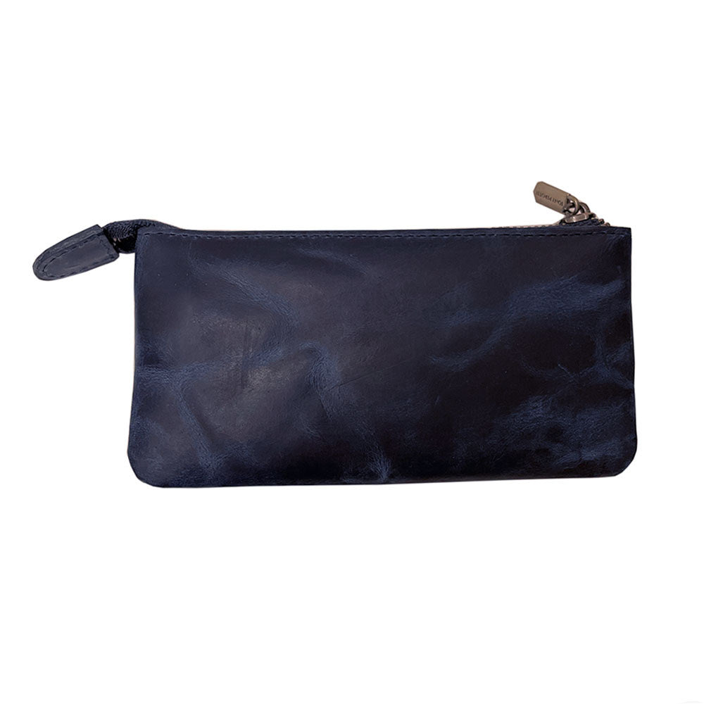 Back of the blue Arno 3350 key case — plain vintage-look cowhide with the branded metal zip puller