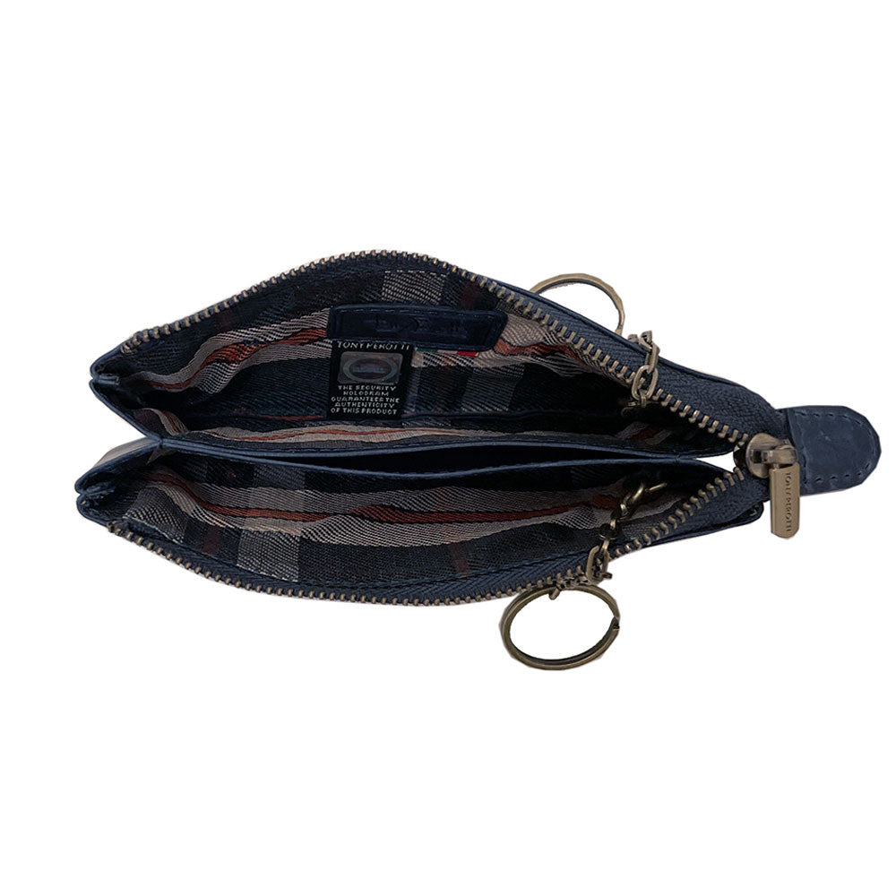 Blue Arno 3350 key case open — two zip compartments with tartan-check lining, the two key rings on chains and the Tony Perotti hologram label