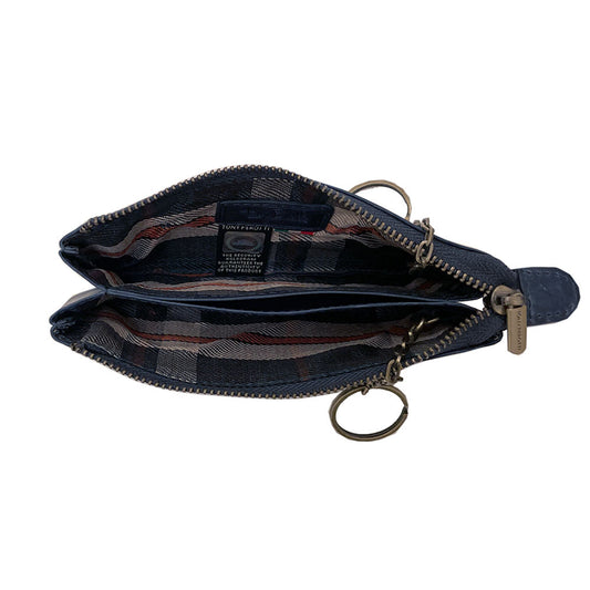 Blue Arno 3350 key case open — two zip compartments with tartan-check lining, the two key rings on chains and the Tony Perotti hologram label