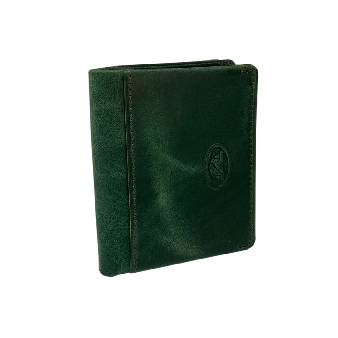 Tony Perotti Arno 1034N deep green leather card holder compact wallet, closed at an angle with the embossed oval Tony Perotti emblem